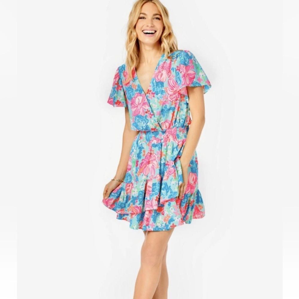 Lilly Pulitzer Dress Womens Sz 2 Maryanne Flutter Sleeve Luscious Lions Ruffle